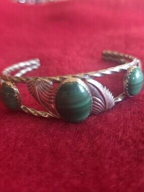 Elegant Malachite Green Sterling Silver Leaf Cuff Bracelet